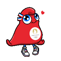 a red cartoon character with a paris 2024 logo on his chest