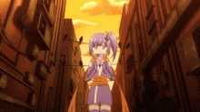 a girl with purple hair is standing in an alleyway