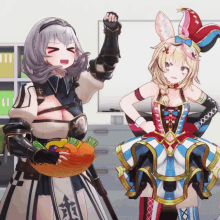 a girl holding a basket of vegetables stands next to another girl in a colorful dress