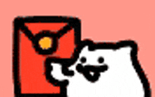 a cat is standing next to a red envelope .