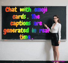 a woman standing in front of a blackboard that says " chat with emoji cards the captions are generated in real time "
