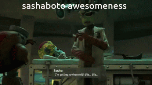 a gif of sasha and loboto from psychonauts 2 interacting with the text "sashaboto awesomeness" on top