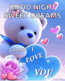 a teddy bear holding a heart with the words good night sweet dreams cammy i love you