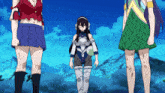 three anime girls are standing next to each other with one wearing a green plaid skirt