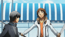 two anime characters holding knives in front of a striped awning
