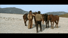 a man in a cowboy hat is standing next to a herd of horses