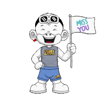 a cartoon character holding a flag that says miss you on it