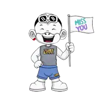 a cartoon character holding a flag that says miss you on it
