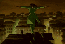 a cartoon character in a green coat is standing on a rooftop