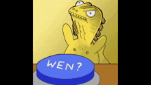 a cartoon lizard is pressing a blue button that says wen