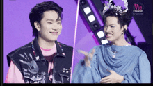 a man in a pink shirt and a man in a blue dress are on a channel called vie channel