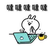 a cartoon rabbit is sitting at a desk with a laptop .