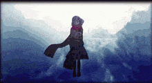 a girl with a scarf around her neck is standing in the water