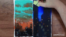 a painting of a sunset and a painting of a night with the words made in animotica below it