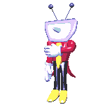 a cartoon character with a purple box on his head is standing on one leg .