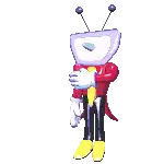 a cartoon character with a purple box on his head is standing on one leg .