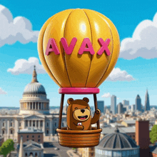 a bear is flying in a hot air balloon with the word avax on it