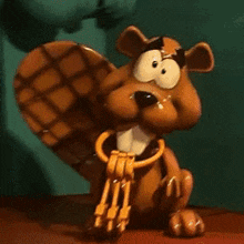a cartoon squirrel is sitting on a table with a blue background