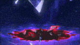a person is flying through the air in front of a large red and purple object