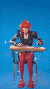 a girl with red hair is sitting at a desk with her hands up