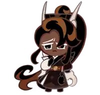 a cartoon character with a long brown hair and horns is holding a sword and looking sad .