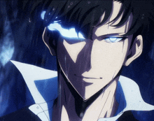 a close up of a man with blue eyes
