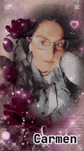 a woman wearing glasses and a denim jacket is surrounded by purple roses and the name carmen