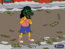 a cartoon character wearing a crocodile mask stands in front of a pile of money