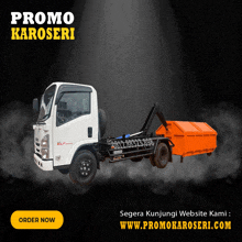 an advertisement for promo karoseri shows a white truck and an orange dumpster