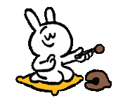 a cartoon rabbit is sitting on a yellow pillow holding a spoon .