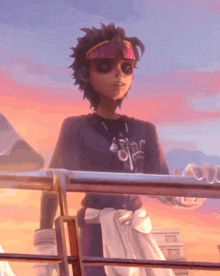 a cartoon character wearing sunglasses and a visor stands on a balcony at sunset .