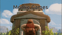 a cartoon character is standing in front of a building that says monke games on the bottom