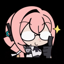 a girl with pink hair and glasses is holding a gun