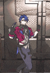 a pixel art of a person with blue hair