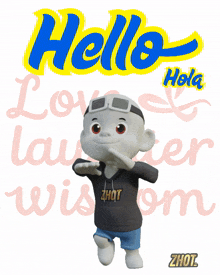 a cartoon character is standing in front of a sign that says hello hola