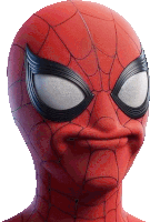 a close up of a spider man 's face with black eyes