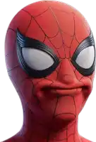 a close up of a spider man 's face with black eyes