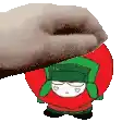 a hand is petting a cartoon character with a green hat and a red shirt .