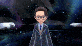 a cartoon character wearing glasses and a suit is standing in a dark room