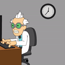 a cartoon of a man in a lab coat standing next to a chair and a clock