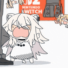 a cartoon drawing of a girl standing in front of a sign that says " nintendo switch "