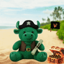 a stuffed animal wearing a pirate hat and vest is holding a scroll