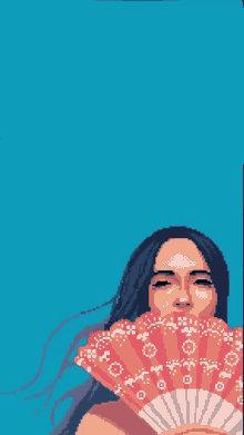 a pixel art of a woman holding an orange fan