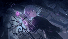 a girl with purple hair and blue eyes is holding a pink flower