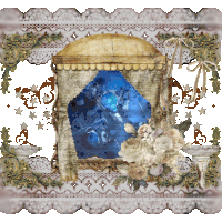 a picture frame with a blue curtain and flowers