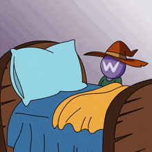 a cartoon character wearing a witch hat and a purple ball with a w on it