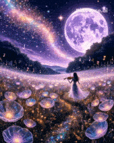 a girl playing a violin in a field of flowers with a full moon behind her