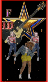 a woman is dancing in front of a guitar with the letter f in the background