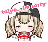 a cartoon of a girl with pigtails and a hat that says taiyo i 'm sorry