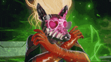 a pixel art of a woman wearing red gloves and a pig mask with hearts on it